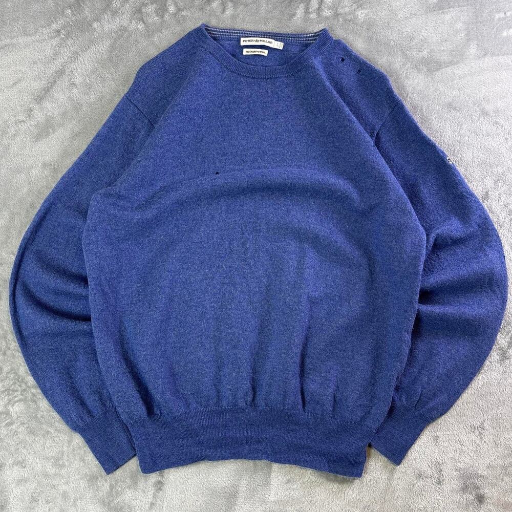 Distressed Peter Millar Merino Wool Sweater Embroidered Blue Crest Logo Golf